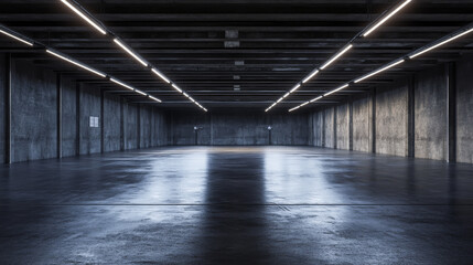 A dark, futuristic garage or warehouse, rendered in 3D.  Think sleek, concrete surfaces, and a gritty, industrial feel.