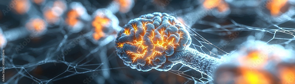 Poster microscopic brain cell network neural connections glowing synapses medical science 3d render