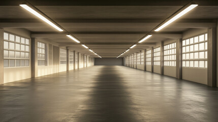 A long, dark, empty garage is shown.  It's a 3D rendering with white windows letting in light, and a concrete floor.