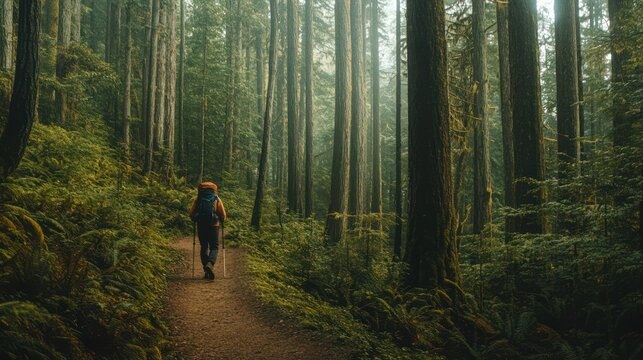 a climber walks along a winding path in the middle of the forest under a tall tree