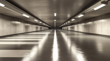 A sleek, empty underground garage.  It's a long hallway with glossy concrete floors, white stripes, and dim lighting.  A 3D rendering.