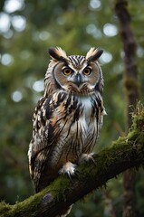 Fototapeta premium Long Eared Owl Perched on Mossy Branch in Forest