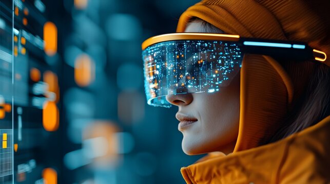 A Futuristic Vision: Woman in Smart Glasses Navigates an Urban Landscape of Digital Data and Light. Women in Tech Concept - Powered by Adobe