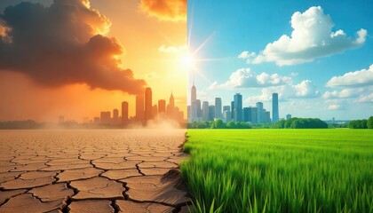 split view of polluted and clean city