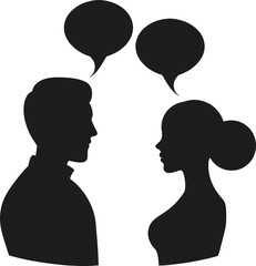 Silhouette Vector Illustration of a Man and Woman in Conversation with Speech Bubbles