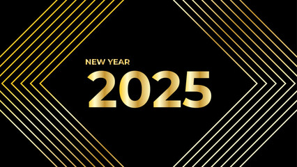 2025 Happy New Year greeting card vector template. Festive Christmas horizontal social media banner design wave line. Golden numbers with confetti realistic illustration on black background