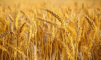 Fototapeta premium Close up view of golden wheat stalks in a field, Generative AI 