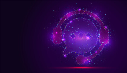 Silhouette of a headset with tools made of glowing, multi colored dots, resembling stars. The vibrant particles form the shape, symbolizing assistance, problem, and technical support services