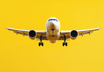 Airplane taking off into a clear sky isolated on a yellow background