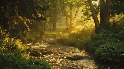 The lush green forest is full of mystery. A small river flows through the center, and the trees are covered in moss.