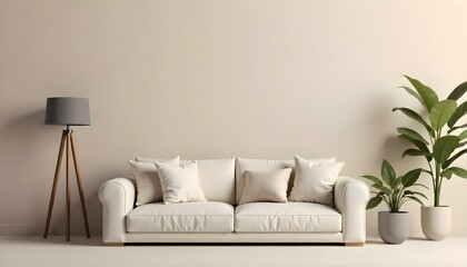 A modern, minimalist white sofa with several beige throw pillows in a simple, clean living room setting