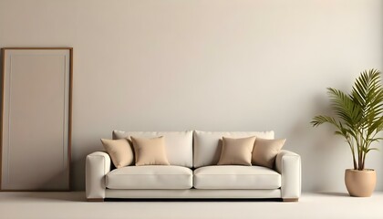 A modern, minimalist white sofa with several beige throw pillows in a simple, clean living room setting