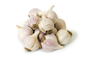 Pile of natural organic garlic on a white background. Garlic close-up.