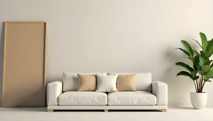 A modern, minimalist white sofa with several beige throw pillows in a simple, clean living room setting