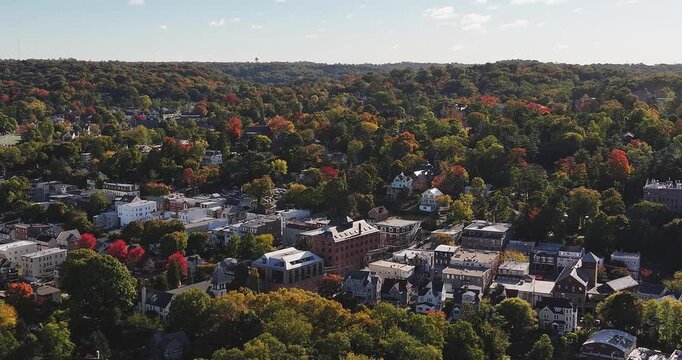 Morning fall, autumn, October 2024, aerial video of the area surrounding the Village of Dobbs Ferry, NY, USA