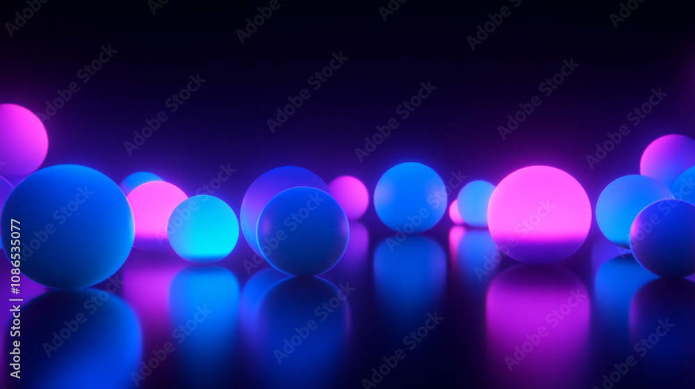 Poster a 3d image shows glowing blue and purple shapes on a dark, reflective surface. there's empty space f