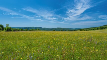 Vibrant Meadow Landscape Under Clear Blue Sky