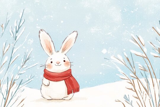 Whimsical watercolor illustration christmas theme,  A cute rabbit in a red scarf stands on snowy ground, surrounded by frosty plants under a soft blue sky, evoking a whimsical winter atmosphere.