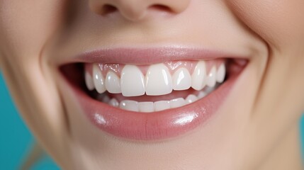 Obraz premium A Close-Up of a Woman’s Bright and Healthy Smile Showcasing Pristine Teeth Against a Turquoise Background During a Dental Hygiene Promotional Event