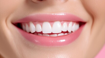 Bright and Healthy Smile of a Woman Showcasing Perfectly Aligned White Teeth, Captured in a Close-Up During a Candid Moment in a Softly Lit Setting