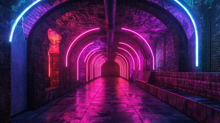 A 3D image shows an empty, futuristic club.  The walls are old, grungy brick, lit with purple and blue neon lights.