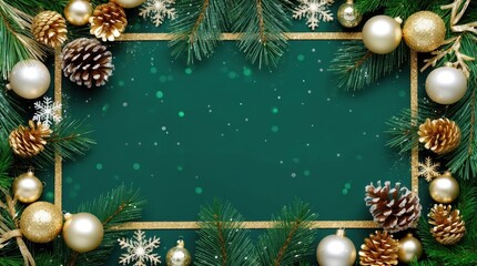 green Christmas background with golden details and ornaments
