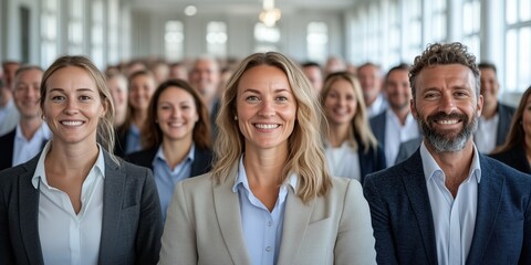 Obraz premium A Diverse Group of Professionals Smiling Together During a Corporate Event in a Modern Office Setting