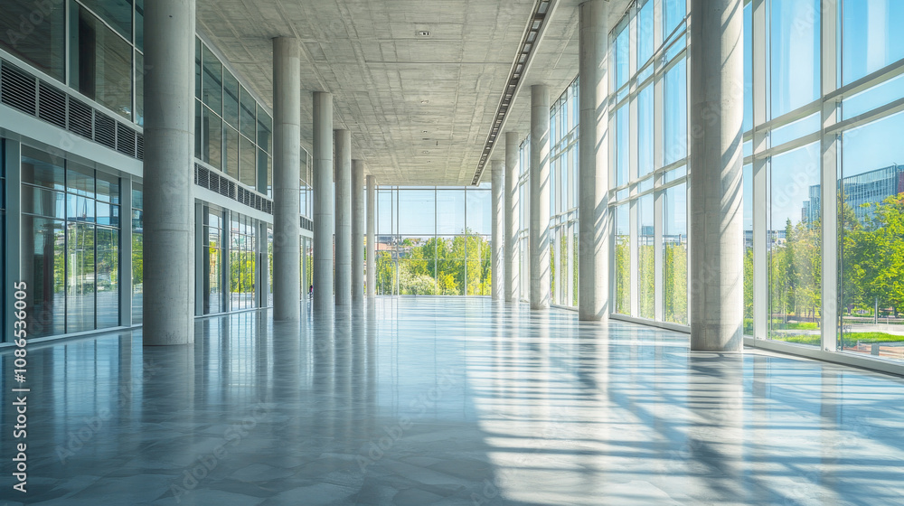 Poster a spacious, empty hall with many columns and large, bright windows. it's a modern, concrete space, p