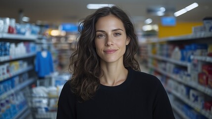A Young Woman Smiles Confidently While Shopping in a Brightly Lit Grocery Store Aisle Filled With Various Products During the Day