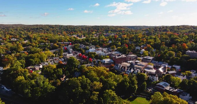 Morning fall, autumn, October 2024, aerial video of the area surrounding the Village of Dobbs Ferry, NY, USA