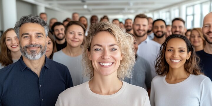 Diverse Group of Professionals Smiling Together in a Modern Office Space During a Team-Building Event in the Afternoon Light