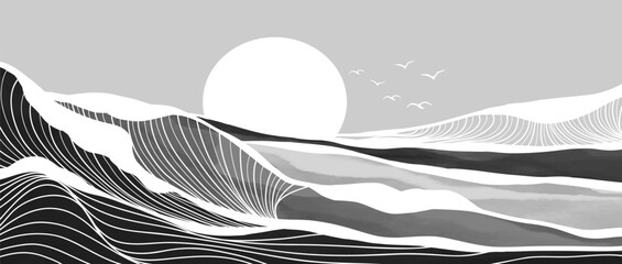 Naklejka premium Black and white Ocean wave illustration. Creative minimalist modern painting and line art pattern. Abstract contemporary aesthetic backgrounds landscapes. with Ocean wave, sunset and sea