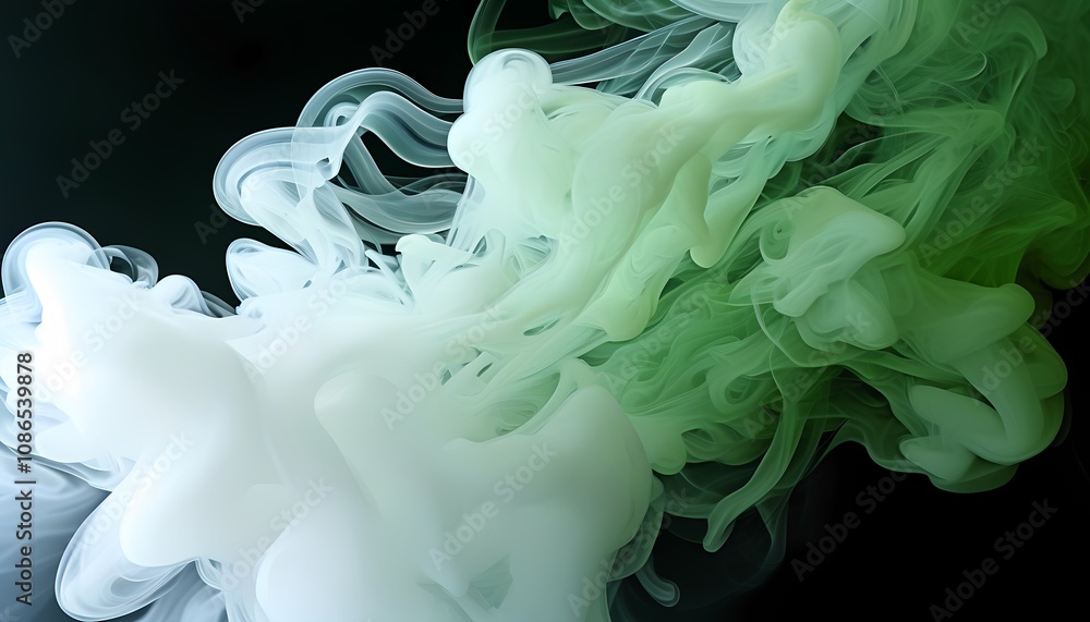 Poster dynamic swirling green and white smoke abstract art digital creation studio environment close-up vie