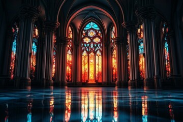 3D rendering beautiful stained glass window cathedral large Gothic with ornate