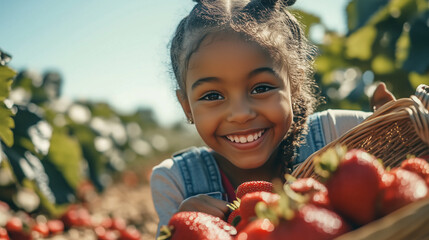 Young girl with a basket of freshly picked strawberries