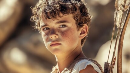 Close-up portrait young boy freckles his face He youthful shepherd king david