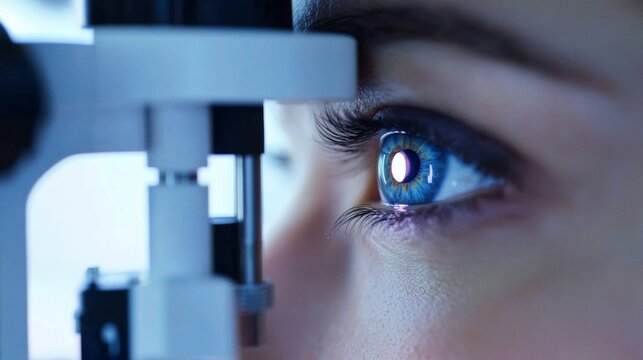Close-up person  eye being examined by optometrist focused vision patient undergoing
