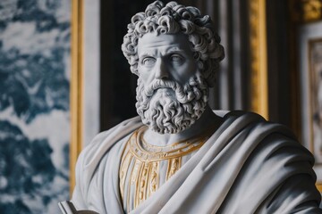 Obraz premium Close-up statue man long beard curly hair made majestic marble stoic