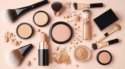 Collection makeup products arranged flat lay light pink aesthetic