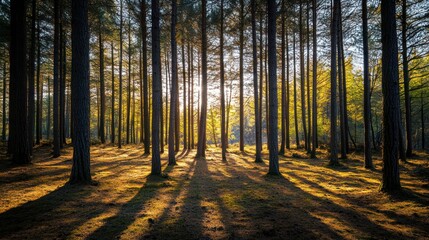 Obraz premium Tall pine trees stand majestically emitting morning sunlight through the gaps in the trees