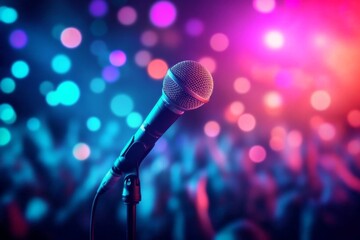 Obraz premium Microphone stand front crowd people concert is center on stage, live