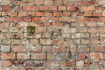 A weathered brick wall with peeling paint and uneven textures.