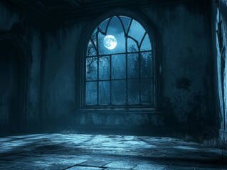 Obraz premium Old abandoned room large window center is dimly haunted house interior