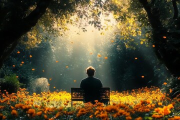 Person sitting bench garden is facing away from impressionistic scene