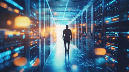 Person standing server room surrounded by rows servers it specialists implementing disaster