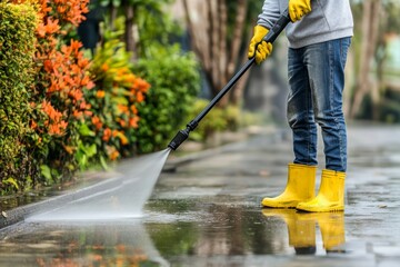 Person using power washer to clean puddle water High pressure cleaning