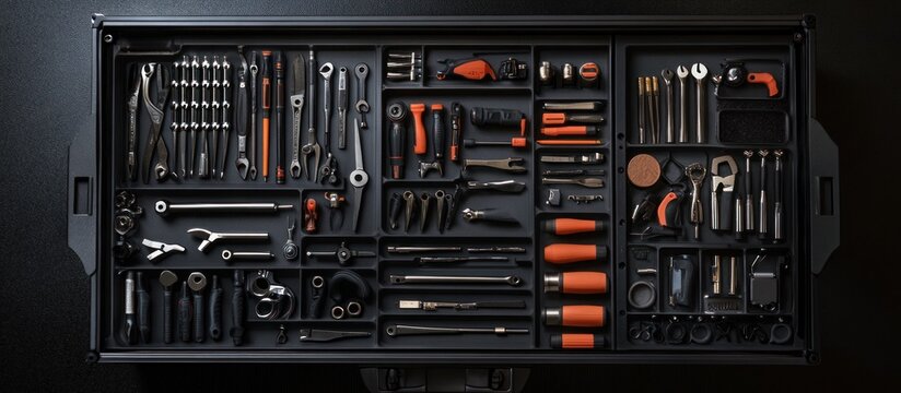 Overhead view of an open toolbox with well-organized compartments of various tools, shot in high resolution 