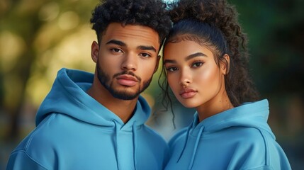Obraz premium Portrait young couple They are both wearing blue urban streetwear duo man
