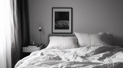 Minimalist Bedroom Interior with White Linen Bedding and Black and White Photography