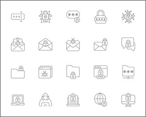 Set of Cyber Attack Icons line style.Contains such Icons as cyber security, bug, protection, virus, hacking, bug, antivirus, cyber lock, network, spam, spy And Other Elements.
